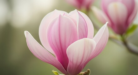 Fototapeta premium Soft Pink Magnolia Blossom, Close-Up, Delicate Petals, Spring Bloom, Nature Photography, Soft Focus, Gentle Light