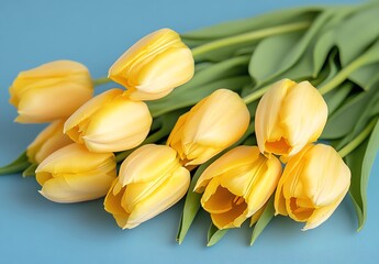 Obraz premium Bright yellow tulips arranged against a blue background.