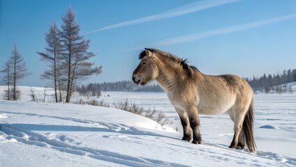 Yakutian Horse Standing Calmly in Snowy Siberian Landscape