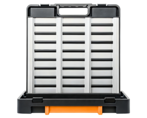 Portable folding aluminum accessibility ramp in a carrying case on a transparent background