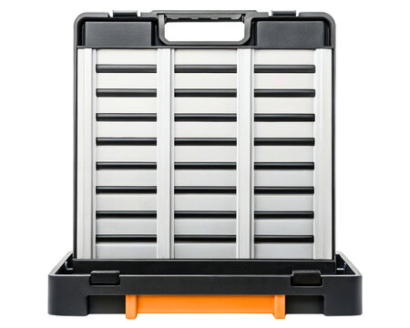 Portable folding aluminum accessibility ramp in a carrying case on a transparent background