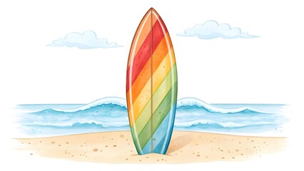 Rainbow surfboard on a sandy beach with ocean waves