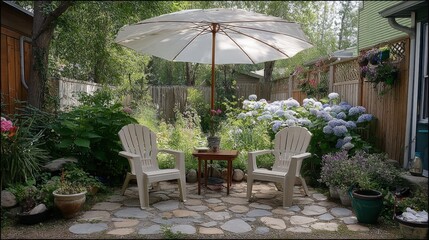 Cozy backyard garden outdoor seating area with large umbrella, Adirondack chairs, lush greenery, colorful flowers, stone pathway and wooden fence