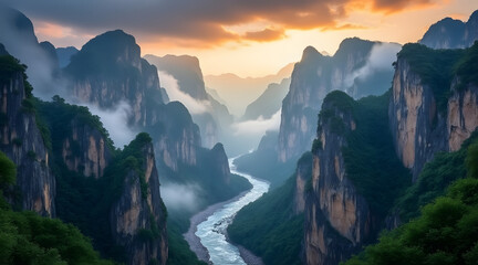 Misty mountain valley with winding river at sunset, lush green cliffs and dramatic sky create peaceful and awe inspiring natural scene