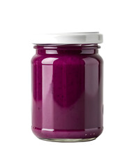 Glass jar containing vibrant purple fruit preserve with a white lid, ready for consumption