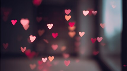 A dark room with pink and red hearts floating in the air, low lighting, black background
