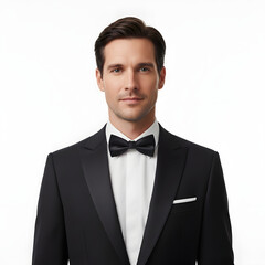 Formal bust shot of a handsome professional man in a tuxedo posing for an ID card on an isolated white background.