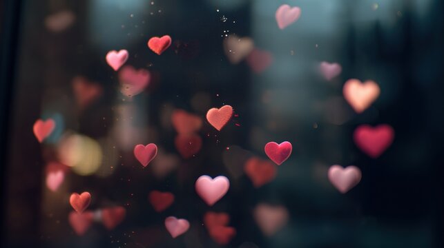 A dark room with pink and red hearts floating in the air, low lighting, black background - Powered by Adobe