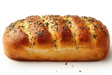 Freshly baked golden brown bread loaf with crispy crust, seasoned with herbs and garlic, ideal for breakfast or side dish, close-up