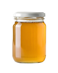 Golden honey in a clear glass jar with a white lid, a sweet and natural food product, close up shot