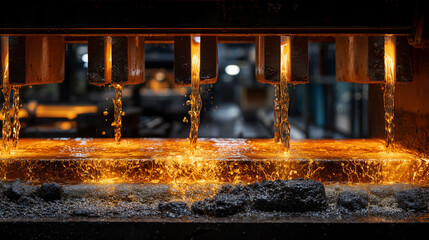 Molten liquid metal pouring in a factory, a powerful metaphor for data refining, processing, and value creation.