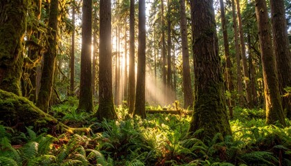 Obraz premium Sunlight filters through dense forest