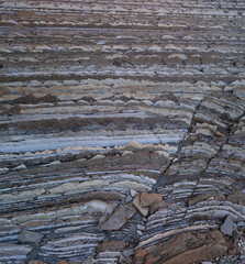 Aerial view of the Sakoneta Flysch at low tide on the Cantabrian Coast in Deva in the province of Gipuzkoa in the autonomous community of the Basque Country. Spain. Europe.