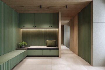 Fototapeta premium Muted green workspace with fluted wall panels warm lighting from built-in cove light-toned ceramic flooring with subtle gradient shadows