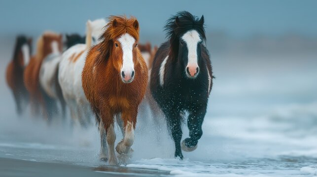 Horses galloping along the shoreline in a misty coastal landscape during early morning hours
