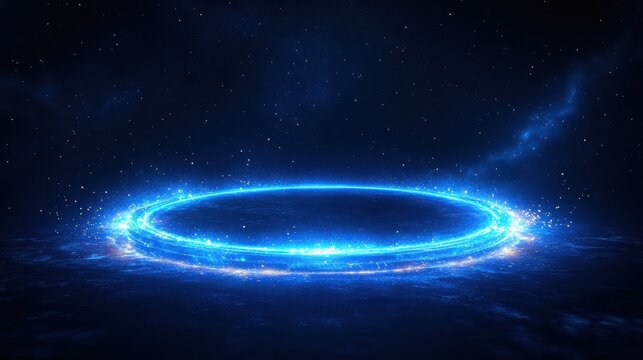 Starry night sky with a glowing blue circular ring, evoking cosmic mystery, celestial wonder, and futuristic energy, surrounded by twinkling stars and deep space darkness.