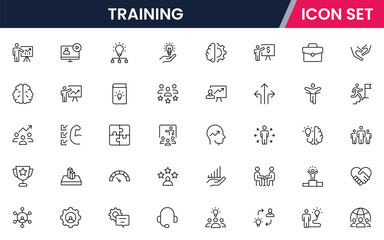 Training vector web line icon collection, sleek illustrations of guidance, teaching, support, collaboration for inspiring, educational designs.