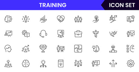 Training vector web line icon collection, sleek illustrations of guidance, teaching, support, collaboration for inspiring, educational designs.