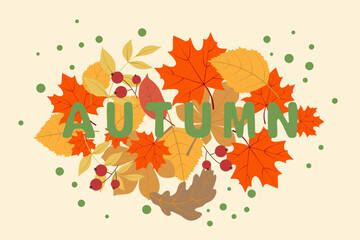Autumn leaves isolated on a beige background. Vector illustration  in the hand drawn style with autumn inscription. For greeting card, invitation, cover and advertisement.