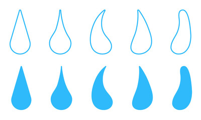 Drop set isolated on a white background. Silhouettes and outline drawing. Different drop shapes. Oil, tear, rain, water drop. Editable stroke. Linear icon, vector illustration.