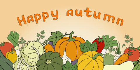 Vegetable harvest is isolated on a yellow gradient background. Autumn vector illustration with lettering "Happy autumn". Pumpkin, cabbage, zucchini, tomato, corn, pepper, carrot, leek. 