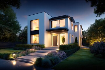 Modern two-story residential house with large illuminated exterior garden outdoor lighting evening twilight scene
