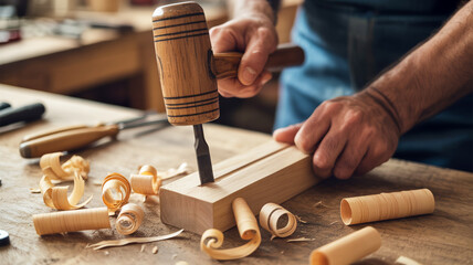 A close-up photograph of woodworking in progress on a wooden workbench.