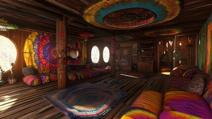 A vibrant, bohemian-style interior with circular windows, wooden floors, colorful tapestries, and comfortable seating areas
