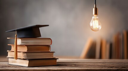 Illuminating Knowledge A Graduation Cap Topping Books with a Symbolic Lightbulb Shining Down on an Old Wooden Desk