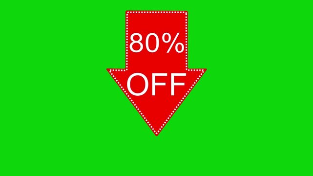 80 percent off discount offer icon animation. Animated arrow pointing 80 percent off text animation. green background 4k video.
