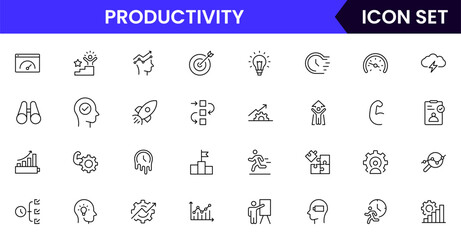 Productivity vector web line icon collection, sleek illustrations of tasks, clocks, calendars, efficiency tools for streamlined, effective designs.
