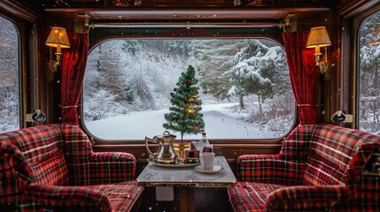 Holiday train decorated for Christmas rides through snow in festive forest