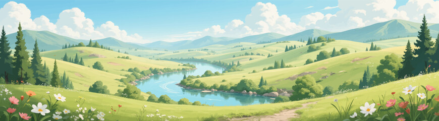 Lush Valley River with Wildflowers and Hills