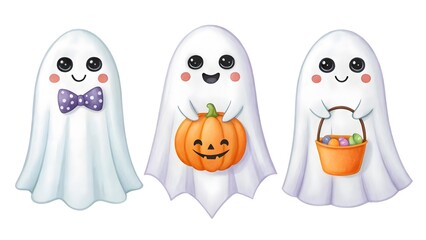 Cute watercolor ghosts celebrating halloween with pumpkin and candy