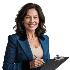 Professional mature businesswoman in a blue blazer holding a clipboard and pen smiling confidently on an isolated transparent background.