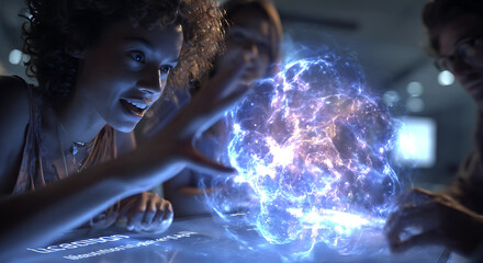 Holographic Ideation: A Diverse Team Sparks Creativity with a Glowing Mind Map Nebula