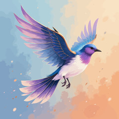 Fototapeta premium Majestic Bird in Flight: Sunset Sky with Blue and Purple Feathers