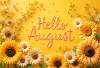 Bright floral design with "Hello August" greeting text