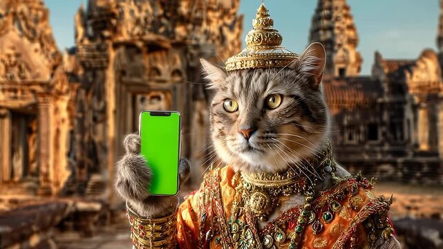 Regal Cat with Smartphone at Ancient Temple