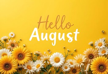 Bright floral design with "Hello August" greeting text