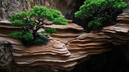 Miniature bonsai trees on layered rock formations, cave-like background