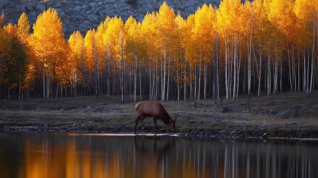 Elk drinking from lake with autumn trees, landscape, and golden hour.