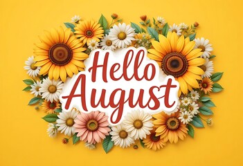 Bright floral design with "Hello August" greeting text