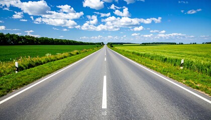 Open road through green fields under a blue sky