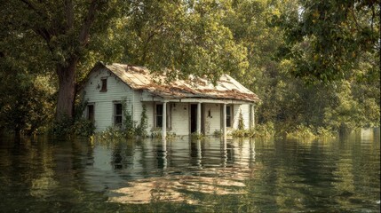 Obraz premium Vibrant photo of flooded one-story house as a result of a flood, rainstorm or flood. Disaster, Collapse.