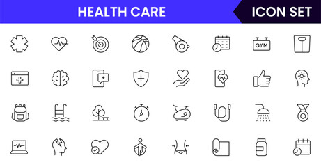 Health and Fitness vector web line icon collection, sleek illustrations of weights, heart monitors, yoga, wellness for active designs. 