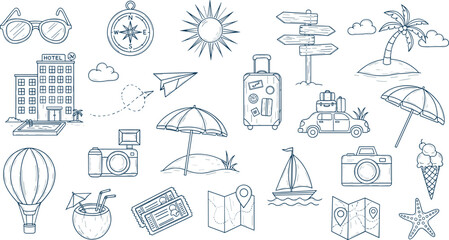 Summer travel vacation drawn set. Hand drawn sketch doodle style summer trip, vacation background
