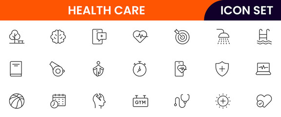 Health and Fitness vector web line icon collection, sleek illustrations of weights, heart monitors, yoga, wellness for active designs. 
