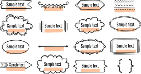Text box hand drawn banner, frame set. Hand style brush stroke, rustic banner, cute tag, label, ornament and highlight.