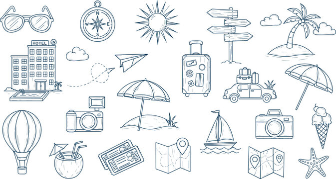 Summer travel vacation drawn set. Hand drawn sketch doodle style summer trip, vacation background - Powered by Adobe